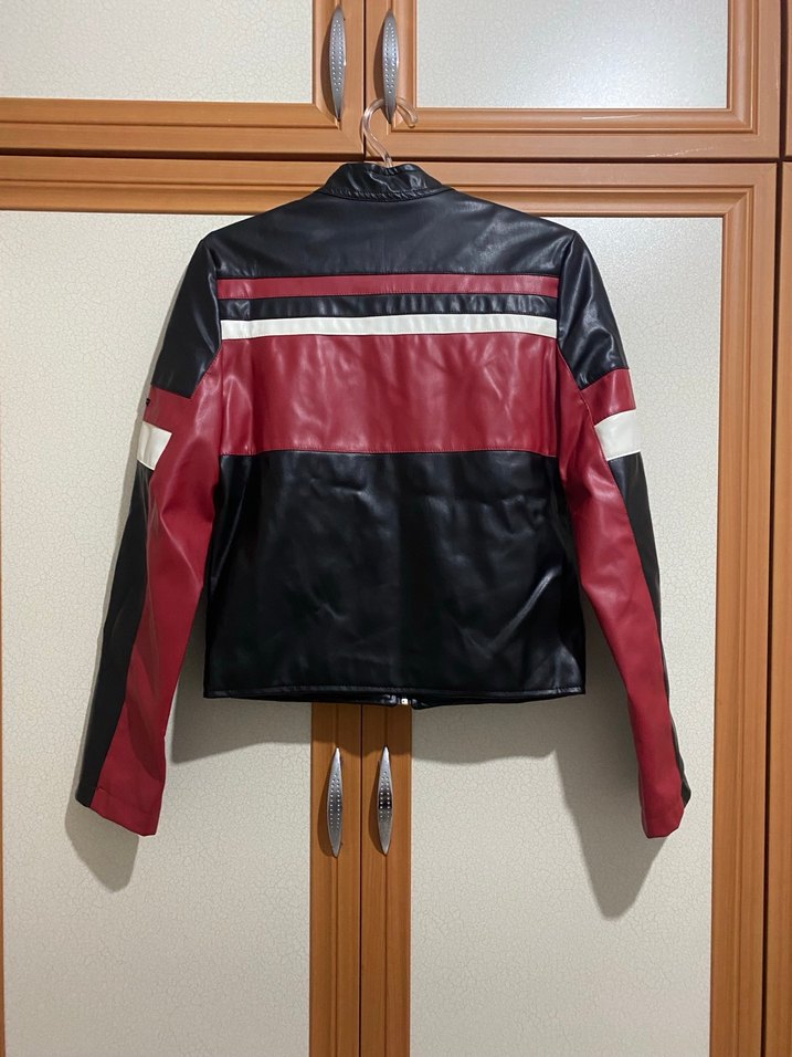 Kırmızı Siyah Deri Biker Ceket - Görsel 3