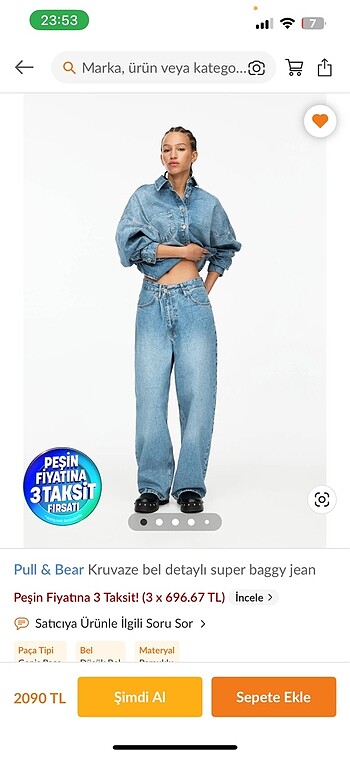Pull&Bear Kruvaze Bel Detaylı Super Baggy Jean
