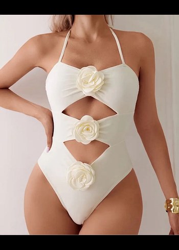 Shein Beyaz/Krem Çiçek Detaylı Kadın Mayo - Görsel 2