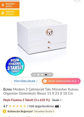 Beyaz 2 Çekmeceli Modern Takı Kutusu Organizer