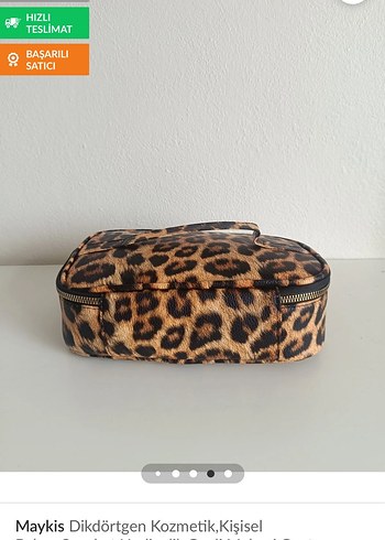 Maykis Leopar Desenli Kahverengi Deri Bakım Makyaj Çantası - Görsel 2
