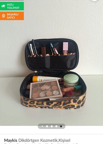 Maykis Leopar Desenli Kahverengi Deri Bakım Makyaj Çantası - Görsel 3