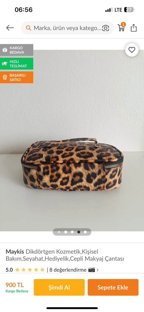 Maykis Leopar Desenli Kahverengi Deri Bakım Makyaj Çantası - Görsel 2