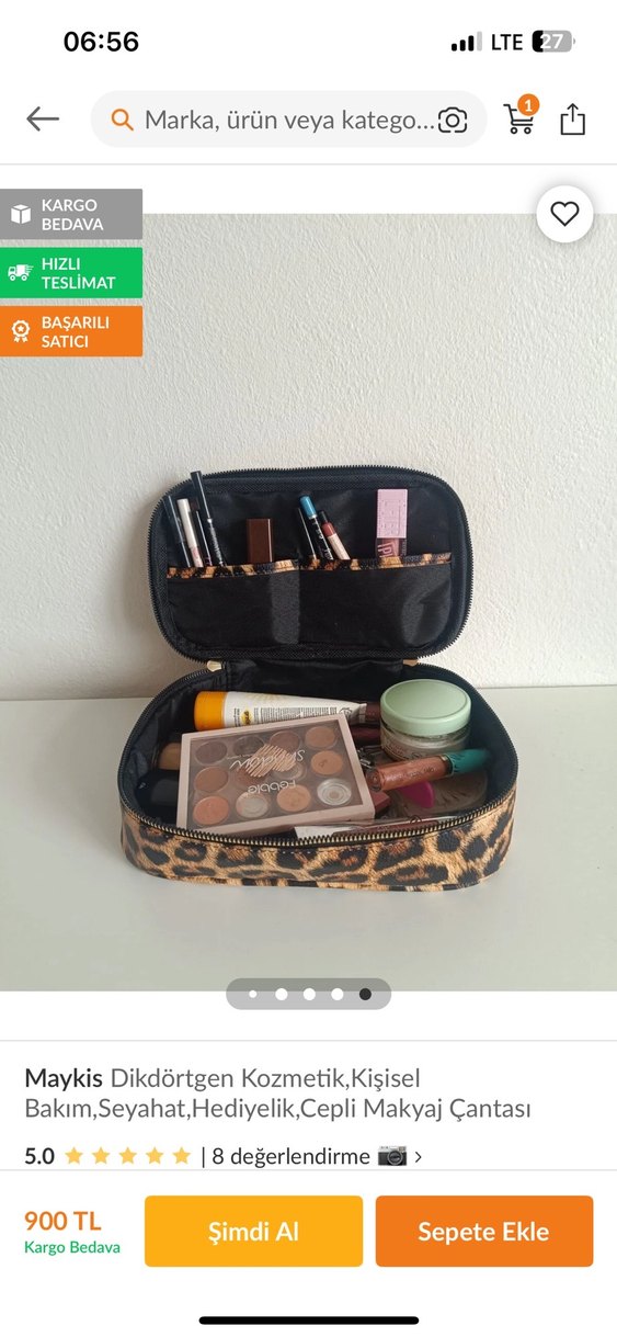 Maykis Leopar Desenli Kahverengi Deri Bakım Makyaj Çantası - Görsel 3