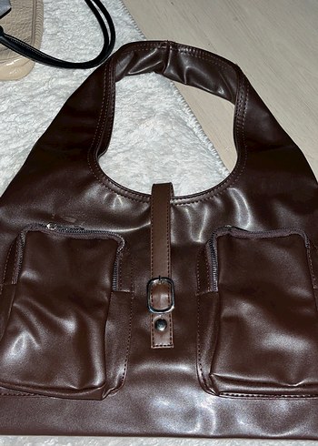 Kahverengi Tokalı Çok Cepli Kadın Deri Çanta - Görsel 3
