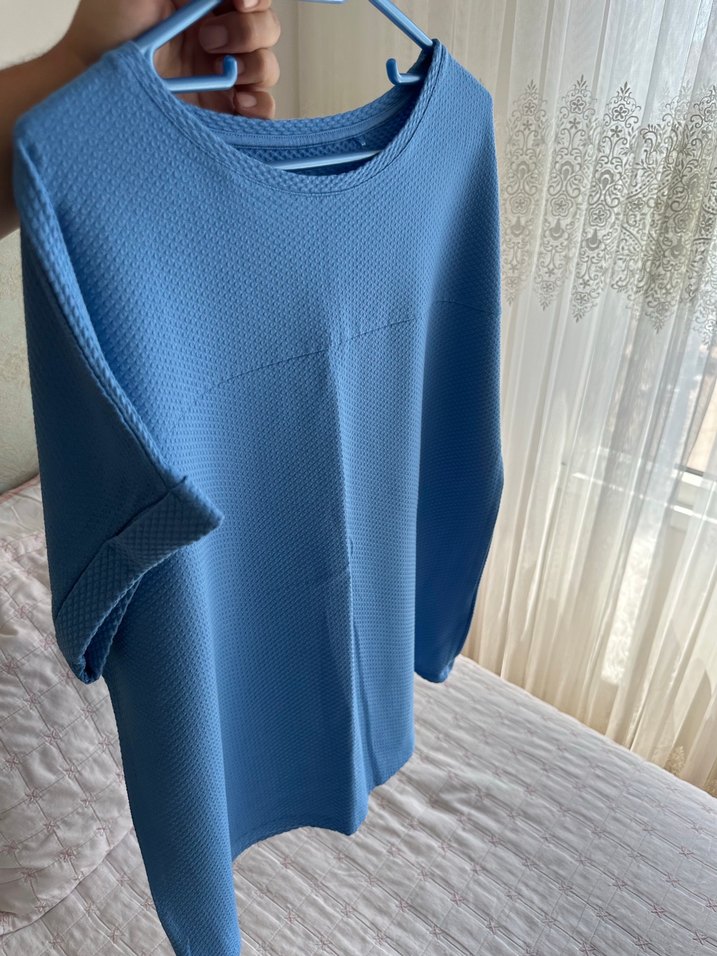 İthal Mavi pamuk Kısa Kollu Salaş kadın Tişörtü - Görsel 3