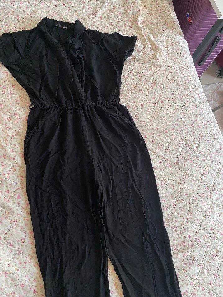 Kadın Siyah Keten Midi Tulum - Görsel 4