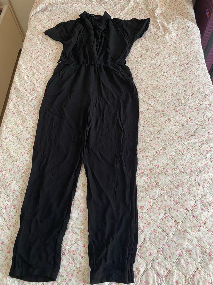 Kadın Siyah Keten Midi Tulum - Görsel 2