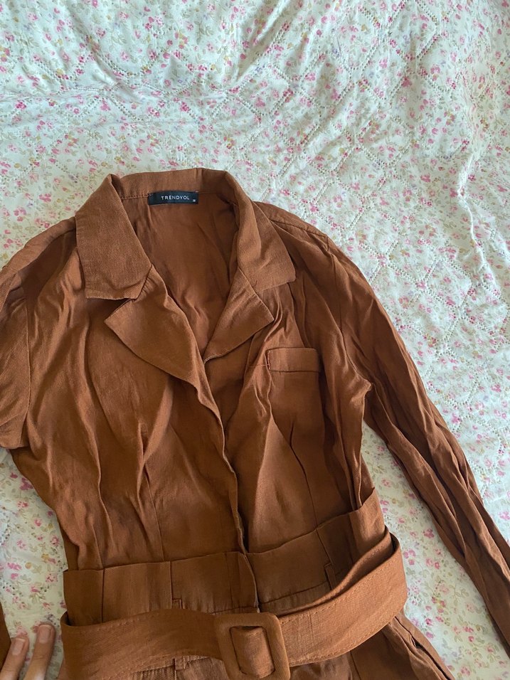 Kahverengi Kemerli Uzun Kadın Tulum - Görsel 3