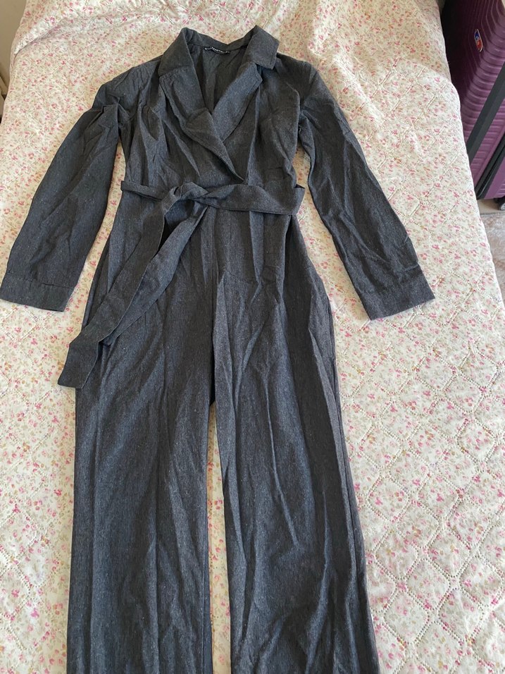 Gri Kemerli Uzun Kollu Keten Tulum - Görsel 2