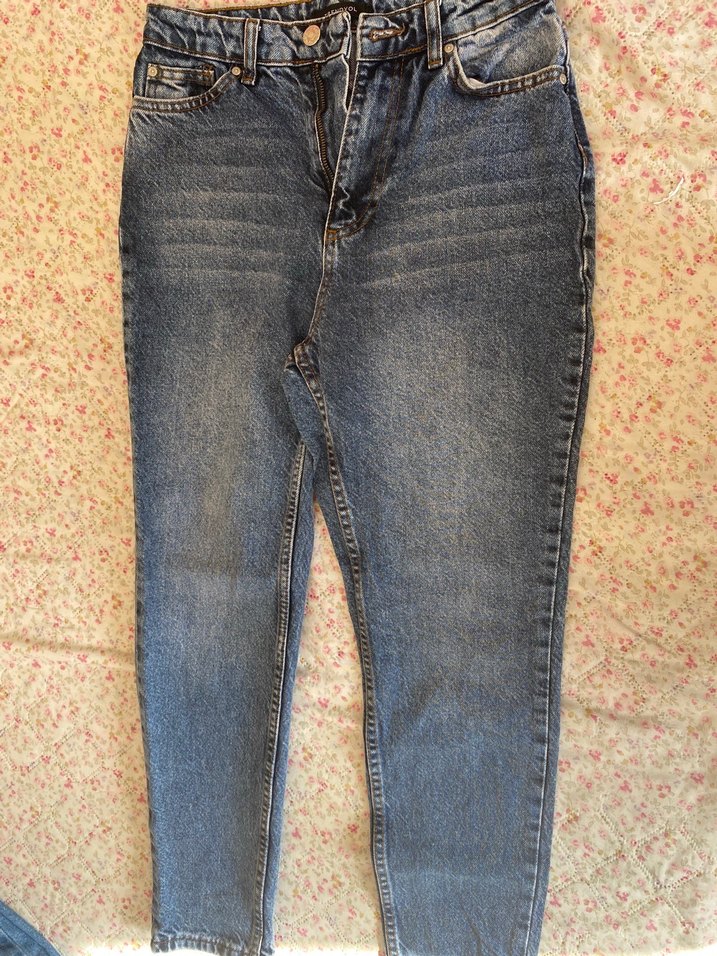 Gri Mavi Bağlama Desenli Salaş Kadın Kot Pantolon - Görsel 2