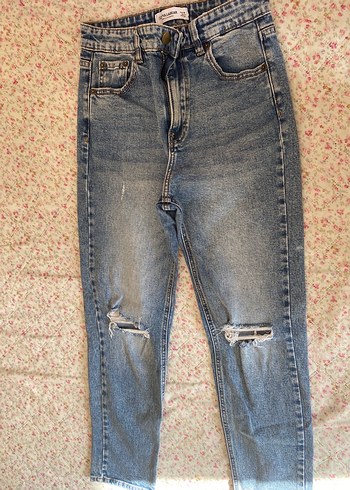 Düğmeli Bol Kesim Bohem Mavi Kot Pantolon - Görsel 4