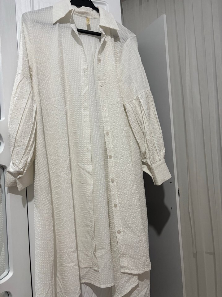 Kadın Beyaz Midi Keten Uzun Kollu Elbise - Görsel 2