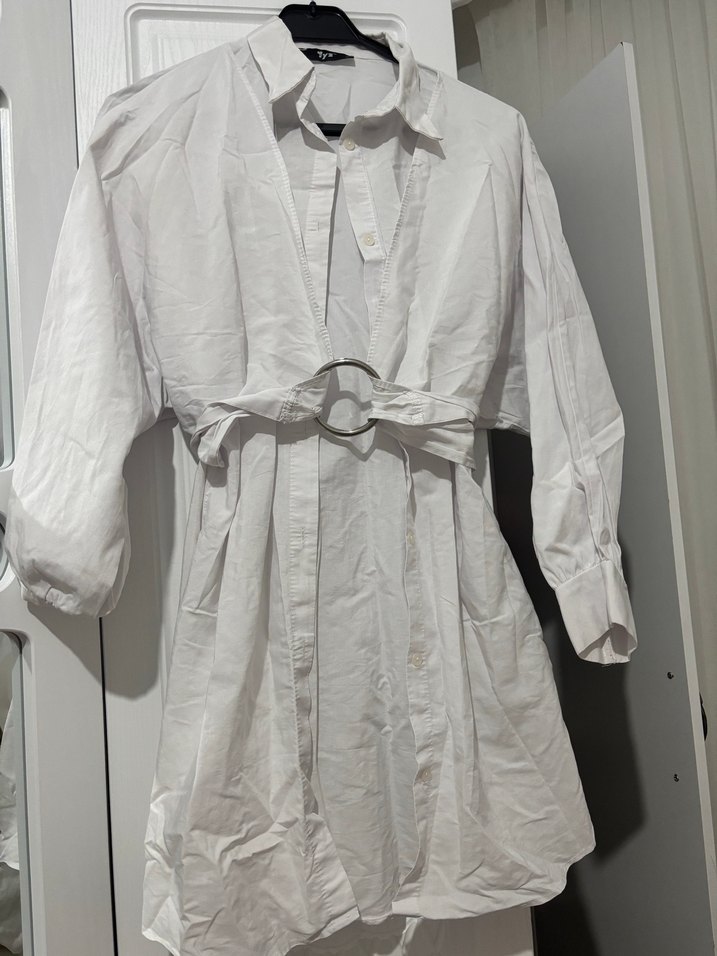 Kadın Beyaz Midi Keten Uzun Kollu Elbise - Görsel 3