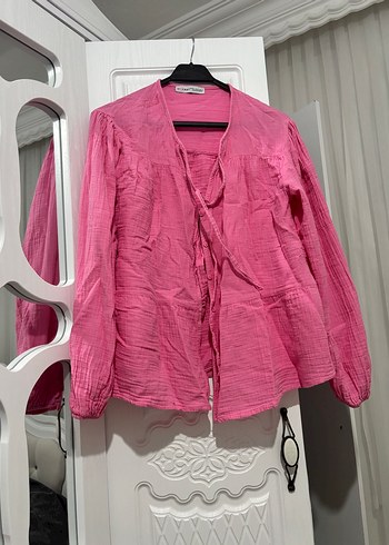 Pembe Keten V Yaka Bohem Kadın Gömlek
