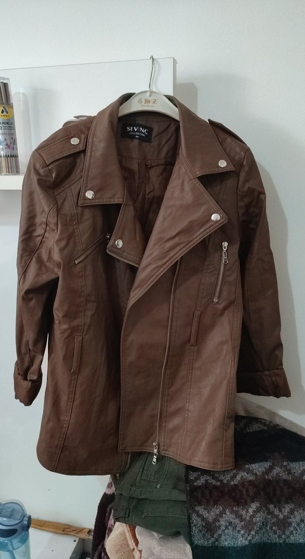 Kahverengi Deri Biker Ceket - Görsel 3