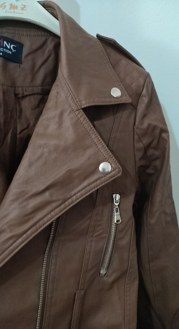 Kahverengi Deri Biker Ceket - Görsel 2