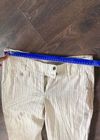 s Beden ten rengi Renk Bej Çizgili Keten Midi Pantolon