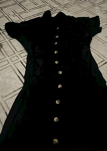 Düğmeli Siyah Keten Uzun Elbise - Görsel 3