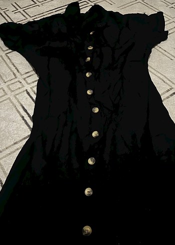 Düğmeli Siyah Keten Uzun Elbise - Görsel 2