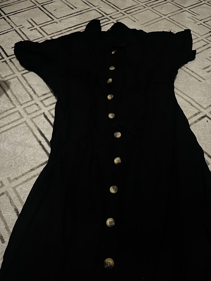 Düğmeli Siyah Keten Uzun Elbise - Görsel 3