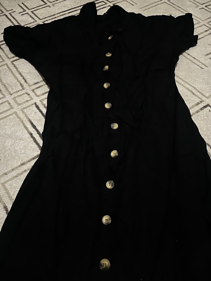 Düğmeli Siyah Keten Uzun Elbise - Görsel 2