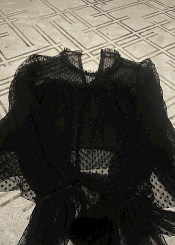 Uzun Kollu Siyah Gotik Fırfırlı Bluz - Görsel 4