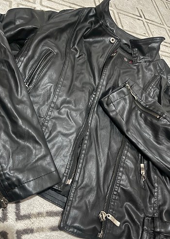 Siyah Deri Biker Ceket, Fermuarlı, Yüksek Yaka - Görsel 4