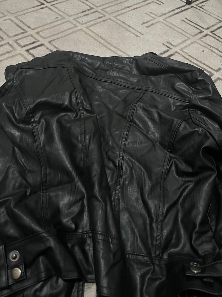 Siyah Deri Biker Ceket, Fermuarlı, Yüksek Yaka - Görsel 5