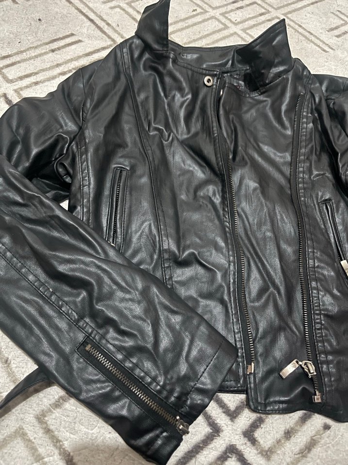 Siyah Deri Biker Ceket, Fermuarlı, Yüksek Yaka - Görsel 2