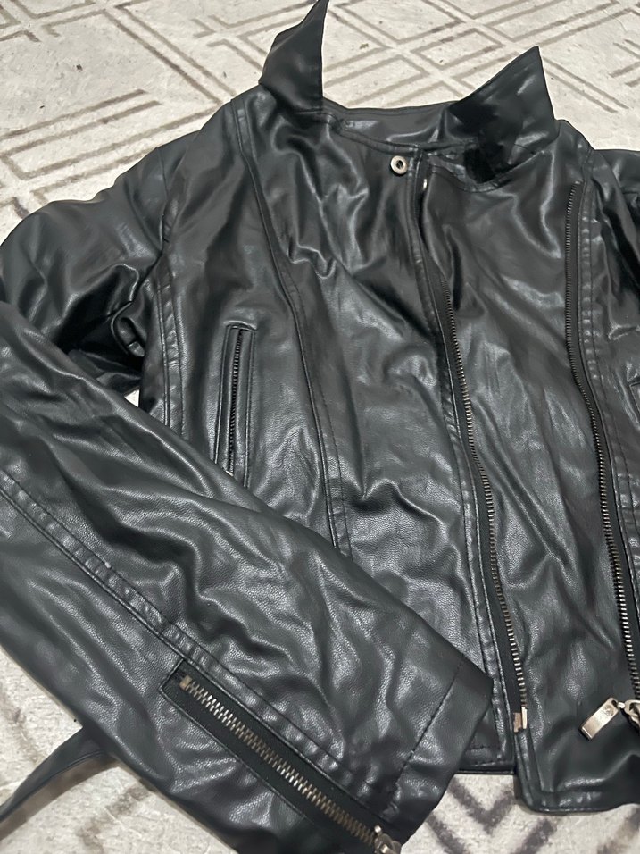 Siyah Deri Biker Ceket, Fermuarlı, Yüksek Yaka - Görsel 3