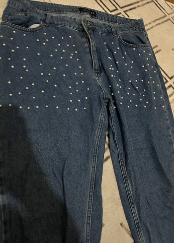 Düğmeli Nakışlı Kadın Mavi Denim Pantolon - Görsel 2