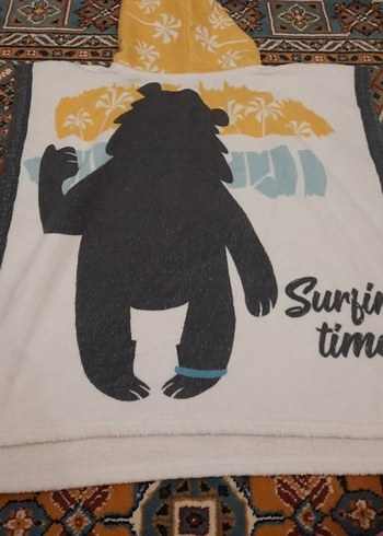 Kapüşonlu Erkek Çocuk Havlu Bornoz Gri Desenli - Görsel 4