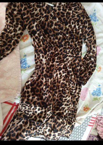 Drapeli Leopar Desenli Uzun Kol Elbise tunik