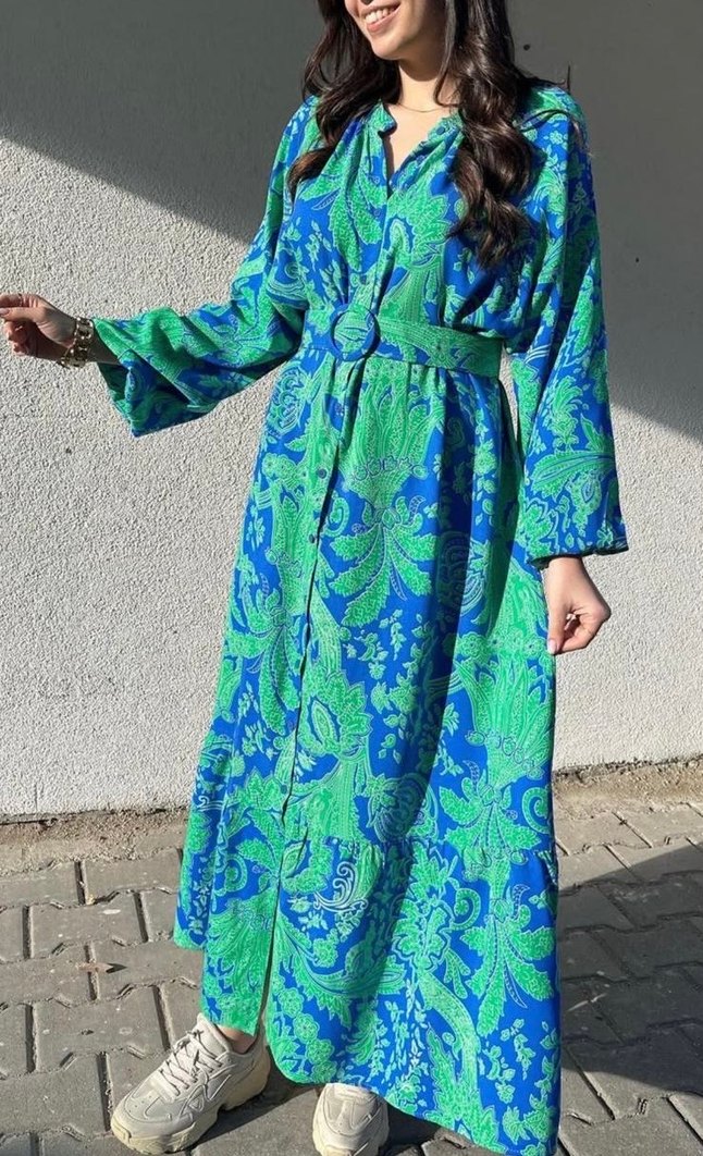 Uzun Kol, Yüksek Yakalı Mavi Batik Elbise - Görsel 2