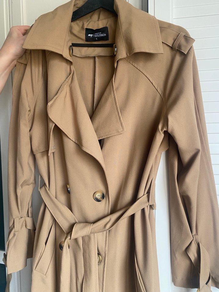 Düğmeli Bej Kadın Trençkot - Görsel 3