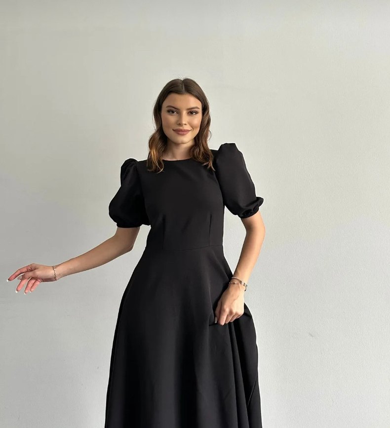 Siyah Kadın Uzun Elbise Kısa Kollu - Görsel 2