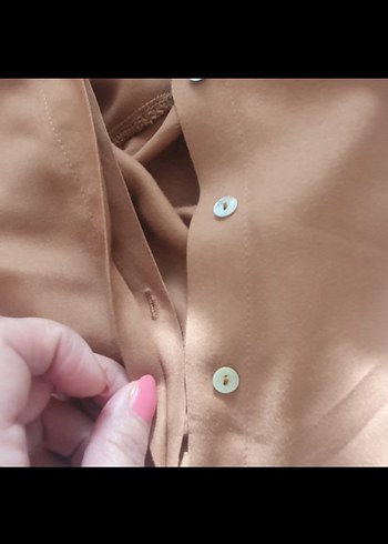 Bej Kadın Saten Gömlek, Yakalı, Uzun Kollu - Görsel 5