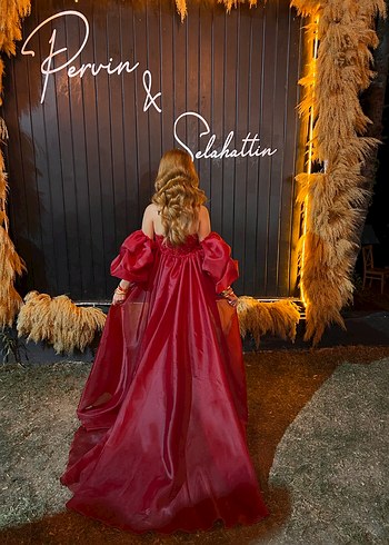 Uzun Kırmızı Straplez Nakışlı Abiye Elbise - Görsel 3