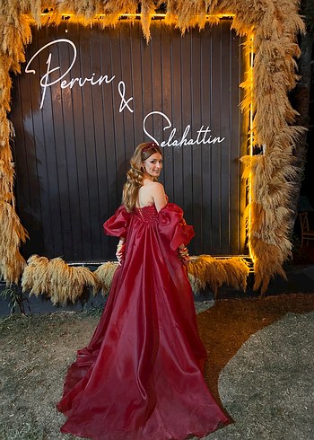 Uzun Kırmızı Straplez Nakışlı Abiye Elbise - Görsel 2