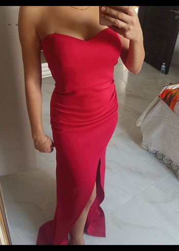 Kırmızı Drapeli Straplez Uzun Abiye Elbise - Görsel 2