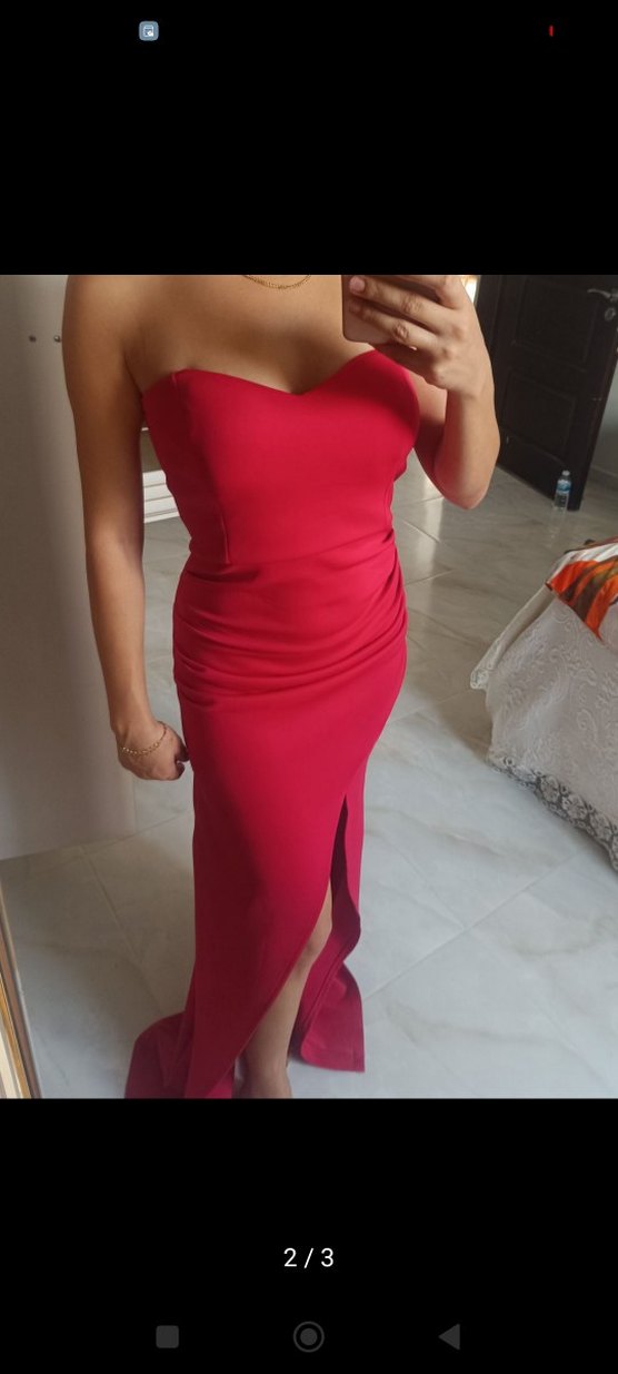 Kırmızı Drapeli Straplez Uzun Abiye Elbise - Görsel 2