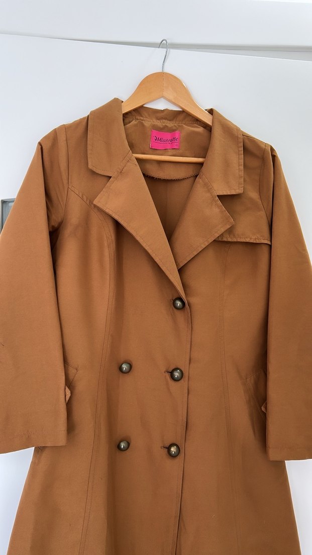 Uzun Kahverengi Kadın Trençkot, Düğmeli, - Görsel 2