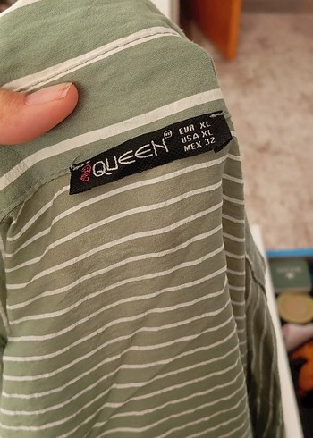 su yeşiliÇizgili Kadın Keten Gömlek - Görsel 3