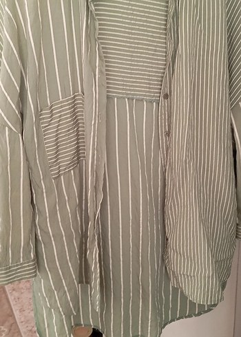 su yeşiliÇizgili Kadın Keten Gömlek - Görsel 2