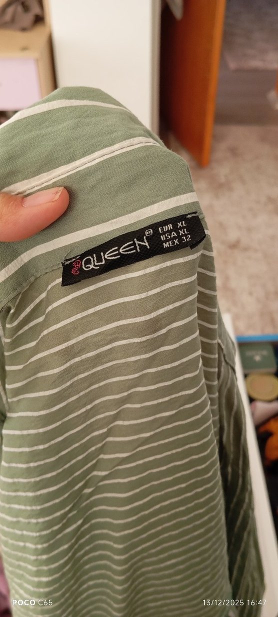 su yeşiliÇizgili Kadın Keten Gömlek - Görsel 3