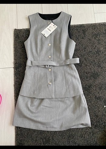 xs Beden gri Renk İki parça görünümlü krep elbise zara düğmeli