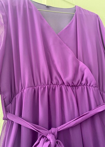 Mor Uzun Drapeli Kadın Elbise - Görsel 7