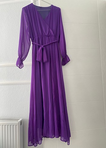 Mor Uzun Drapeli Kadın Elbise - Görsel 3