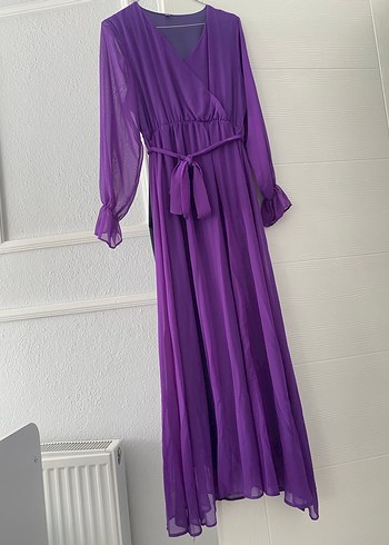 Mor Uzun Drapeli Kadın Elbise - Görsel 2